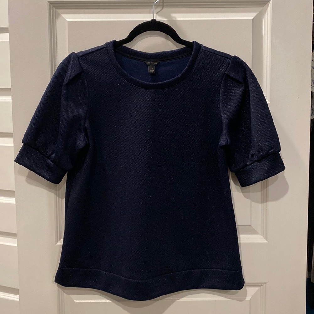 Ann Taylor Navy Shimmer Puff-Sleeved Top